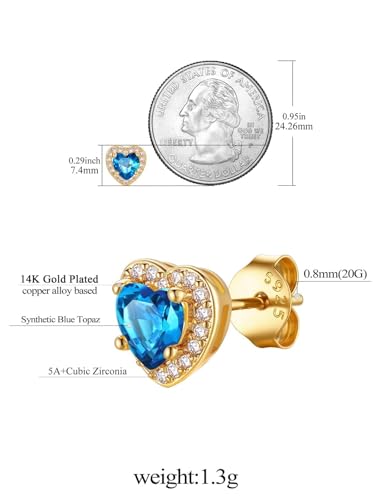 FindChic Birthstone Earrings for Women, Round/Heart/Square/Teardrop Earrings with 925 Sterling Silver Posts & Push Backs, Hypoallergenic Studs with Cubic Zirconia, 12 Months Jewelry with Gift Box - style: 12. December-Blue Topaz (Heart-Gold)