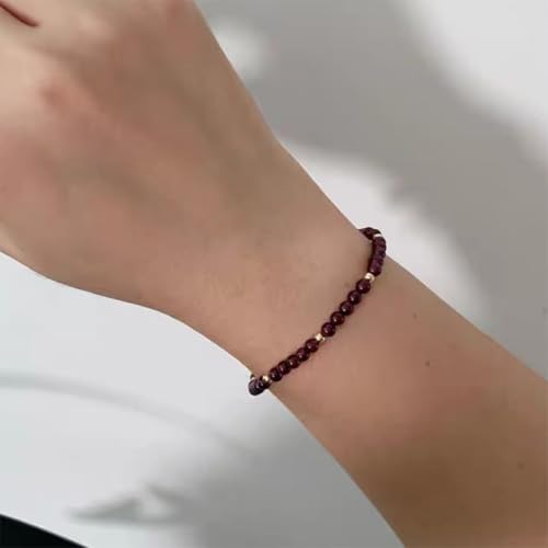 Natural Stone&925 Sterling Silver/18K Gold Anklet,│4MM│9-12 in│, Hand Woven, Adjustable Size - color: Garnet&925 Sterling Silver-3.5MM