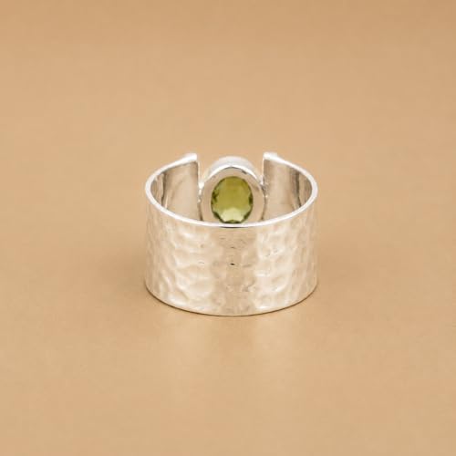 925 Sterling Silver Peridot Ring, Hammered Wide Band Statement Jewelry, Two Tone Minimalist Gemstone Ring