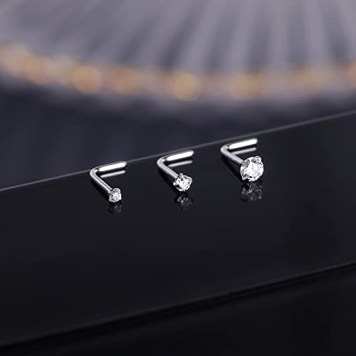 PunkTracker 20g 14K Real Gold Nose Rings CZ Simulated Diamond Nose Studs | Hypoallergenic Nostril Nose Piercing Jewelry for Women Men - color: 2pcs, 1.5mm, L-shape
