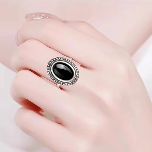 Natural Oval Stone Boho Ring,Retro Antique S925 Sterling Silver Crystal Quartz Gemstone Bohemian Statement Handmade Ring Jewelry for Women Her - color: B05_Black Agate