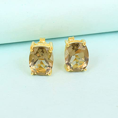 Women's 18K Gold Plated 8x10mm Princess Cut Gemstone Stud Earrings – Birthstone Jewelry for Her – Classic Cushion Studs - color: Smoky Quartz