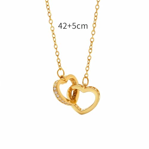 Titanium Steel Interlocking Double Heart Pendant Necklace for Women, 1 Piece 17"+2" Adjustable Hypoallergenic Dainty Rolo Chain, Minimalist Cubic Zirconia Love Choker Necklace - color: Gold