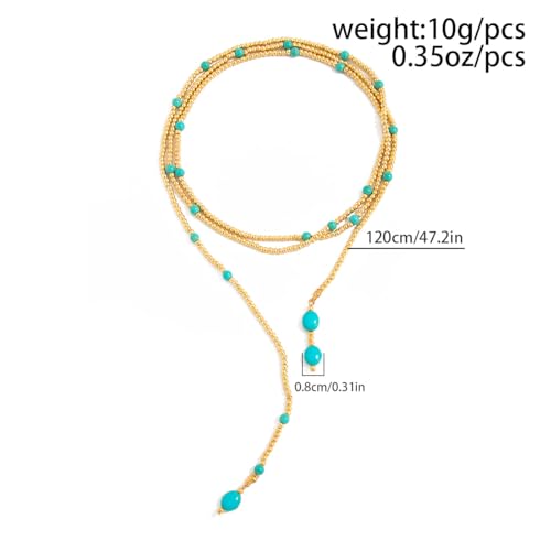 Green Beaded Lariat Necklace with Baroque Pearl Drops – Adjustable Wrap Y Style Jewelry, Beach and Bohemian Outfit Accessory for Women - color: Gold Turquoise