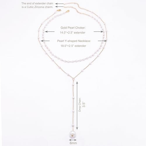 Layered Pearl Necklaces for Women 14K Gold Plated Trendy Faux Pearl Drop Y Necklace Dainty Pearl Choker Gold Layering Necklace,Jewelry Gift for Her,Mother,Wife,Girlfriend - style: Pearl Y Necklace