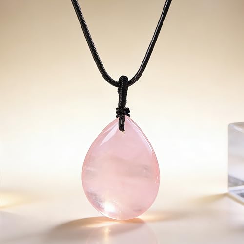 Teardrop Gemstone Necklaces for Women, Healing Crystal Pendant Necklace Birthstone Jewelry for Women - color: Rose Quartz
