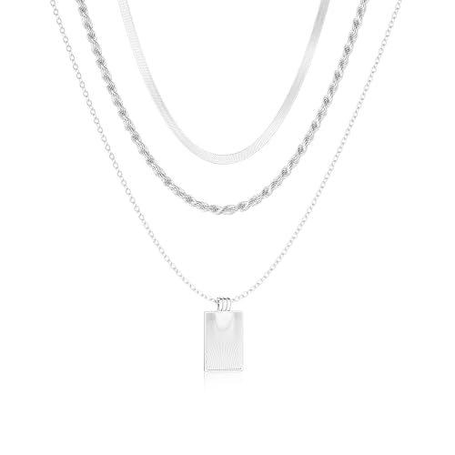 14K Gold Silver Plated Layered Necklaces for Women Trendy | Necklaces for Women Trendy, Stackable Dainty Chain Necklace, Beach Cute Fashion Pendant Choker Necklace, Jewelry Set Gifts - color: 3PCS / Square Pendant & Rope & Snake Chain - Silver