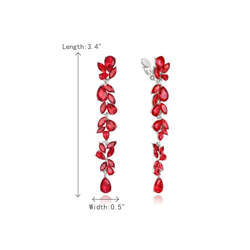Crysdue Clip On Earrings for Women Rhinestone Crystal Teardrop Cluster Wedding Bridal Non Pierced Long Dangle Earring for Prom Party - color: Red Silver-Tone