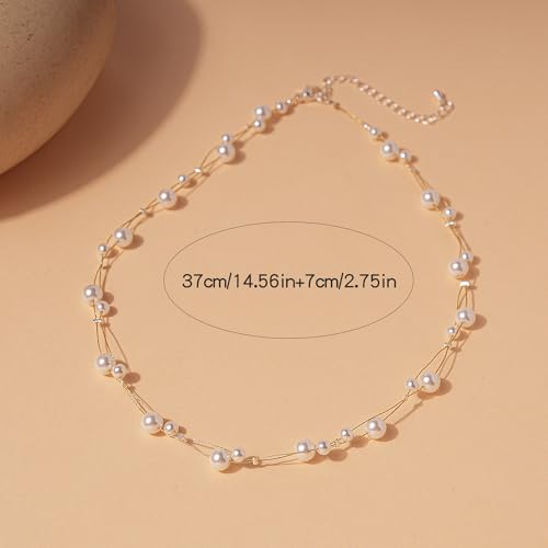 Pearls Necklaces for Women-18K Gold Plated Layered Gold Pearl Necklaces Dainty White Pearls Choker Necklace Chain Pearl Necklace for Women Elegant Valentines Gifts - color: Double Layer-2