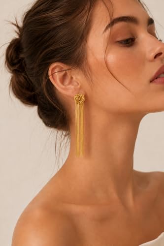 Gold Dangle Earrings for Women Trendy, 14K Gold Plated Long Chain Drop Earrings Hypoallergenic Statement Tassel Earrings Elegant Wedding Prom Fashion Jewelry for Women - color: Gold