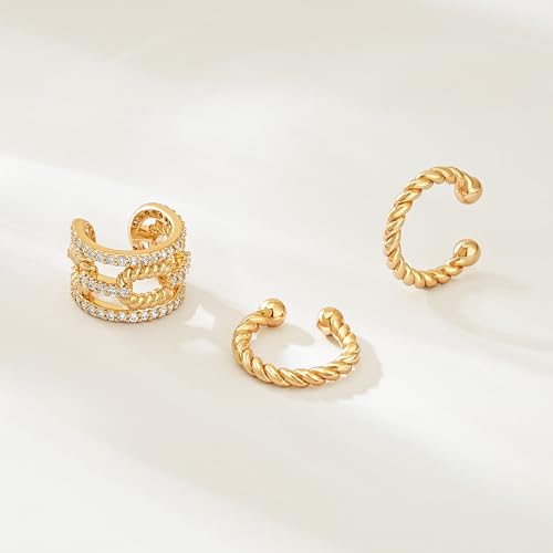MEVECCO Ear Cuffs Non Piercing 18K Gold Plated Ear Cuff Earring Sets Clip on Cartilage Cubic Zirconia Pearl Minimalist Hypoallergenic Fake Hoop Earrings Stack Women Gifts - style: 3pcs-Twist