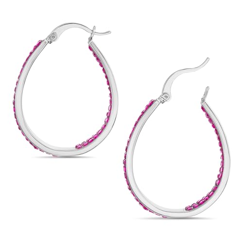 Devin Rose Oval Inside Outside Hoop Earrings for Women Faceted Sparkle Crystals - color: Pink