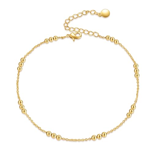 Gold Ankle Bracelet for Women Waterproof,Dainty Bead Anklets | 14K Gold Plated Non Tarnish,Lead and Nickel-free, Hypoallergenic,Adjustable Size Daily Wear Jewelry Gifts for Women