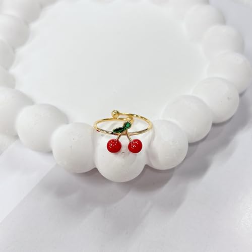 Cute Cherry Red Enamel Statement Ring for Women Summer Fruit Food Green Leaves Stainless Steel Finger Rings Stackable Sweet Adjustable Open Wrap Band Comfort Fit Fashion Jewelry for Girlfriend Sisters