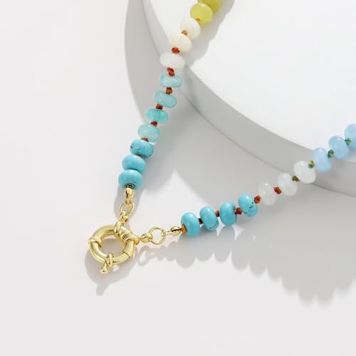 KissYan Beaded Gemstone Necklaces for Women | Colorful Bead Natural Stone Choker with 14K Gold Plated Spring Ring Clasp, Handmade Knot Jewelry for Summer Beach - color: L-Blue & Pink