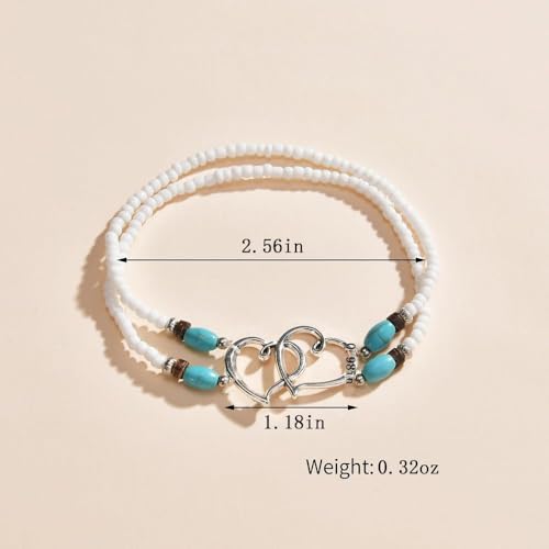Elastic Beaded Ankle Bracelets for Women Double Heart Layered Stretch Ankle Bracelets Waterproof Dainty Boho Beaded Anklets for Summer Beach Foot Jewelry - color: Pink Silver