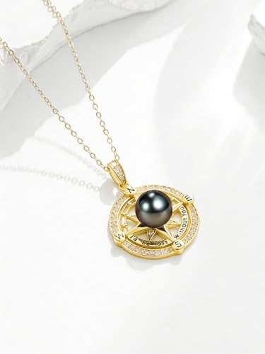 AAAAA Tahitian Black Pearl Compass Necklace For Women,925 Silver Jewelry,Valentines Wedding Anniversary Birthday Gifts for Her Wife Mom Daughter Grandma Sister