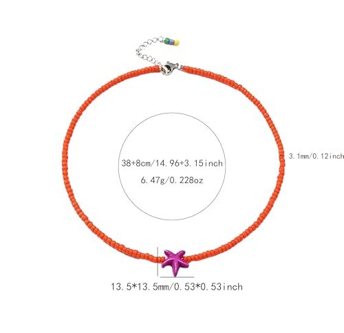 Seed Bead Choker Necklace for Women Bohemian Tiny Beads Choker Colorful Rice Bead Starfish Choker Summer Surfer Beach Necklace Jewelry Gift - color: Orange