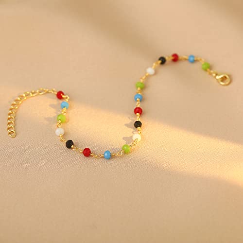 Womens Dainty Gold Chain Bracelet,Simple Layered Chain Bracelets,Beaded Turquoise Bracelet,Charm Crystal Bar,Heart,Karma,Triangle,Pearl Bracelets for Women - color: Multi-Color Crystal