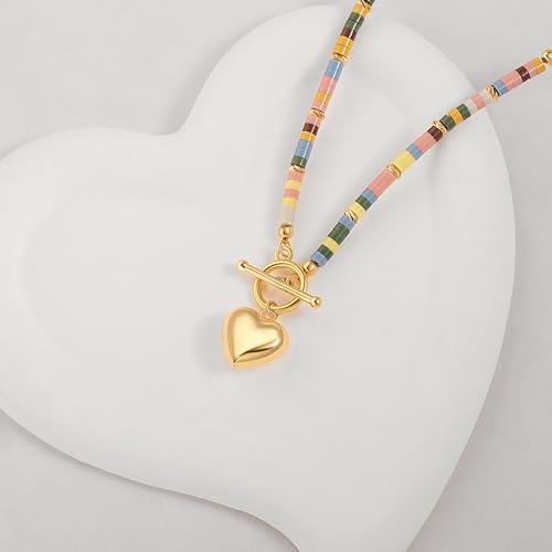 Aobei Pearl 18K Gold Plated Moon Star Lion Evil Eye Love Heart Cross Pendant Necklace Medallion Paperclip Chian Choker Layering Jewery for Women - color: Colorful Beads and 18K Gold Plated Heart