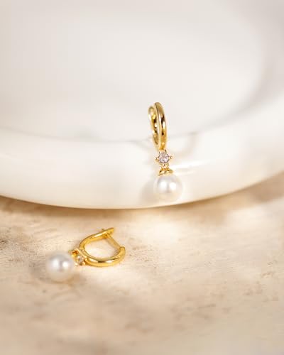 Pearl Earrings for Women Trendy Dainty Wedding Earring 14K Gold Plated/Silver Plated Dainty Cute Drop Dangle Pearl Earrings Studs Hypoallergenic CZ Diamond Wedding Earrings for Brides Prom Jewelry Gift for Women - color: 04.Gold hoop