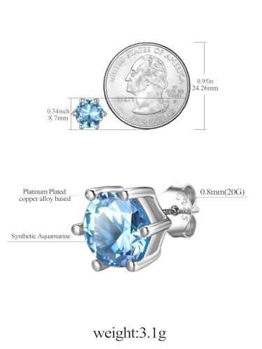 FindChic 2 Carat Birthstone Stud Earrings for Women, Round/Heart/Princess Cut Stud Earrings, Hypoallergenic Studs with 925 Sterling Silver Posts, 12 Months Birthday Jewelry Gift - color: 03. March-Aquamarine(Round Cut )