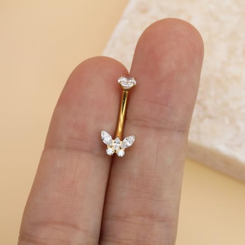 XUU Titanium Belly Button Rings 14G, Implant-Grade Navel Piercing, Luxury CZ Shape with Flower Butterfly, Hypoallergenic Curved Barbell Jewelry for Women, Gold or Silver - style: Butterfly-Gold