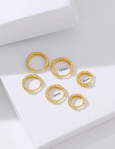 Fiusem 14K Gold Plated Huggie Hoop Earrings for Women | 8/10/12 Hypoallergenic Small Twisted beaded Huggie Earrings - color: Gold Twisted, size: 10MM