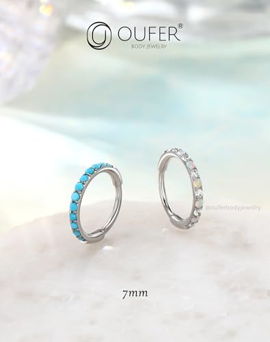 OUFER Turquoise CZ Opal Nose Rings for Women, 316L Surgical Steel 6MM Nose Rings Hoops, Silver Hinged Segment Septum Lip Eyebrow Cartilage Conch Rook Helix Tragus Daith Piercing Jewelry-6/7/8MM - color: Silver, Turqoise and Opal