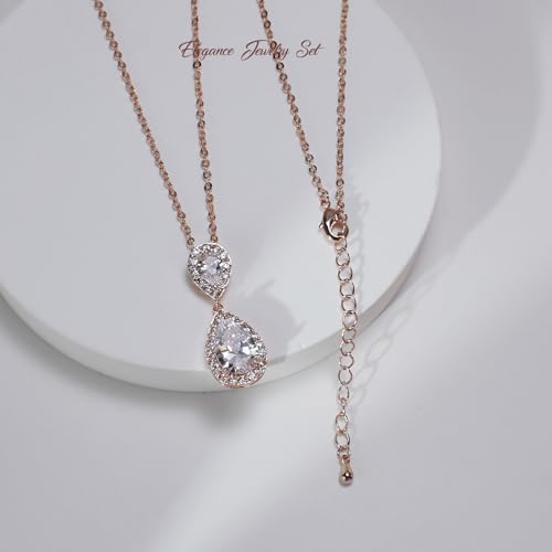 Bridal Jewelry Set for Women, Cubic Zirconia Teardrop Bride Bridesmaid Necklace and Earrings Set for Wedding Prom Formal - color: Rose Gold
