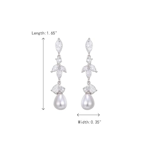 Crysdue Simulated Pearl Earrings for Women, Dainty Silver/Gold/Rose Gold Plated Cubic Zirconia Drop Dangle Earrings Wedding Jewelry for Bride Bridesmaid - style: E_CZ+pearl, silver