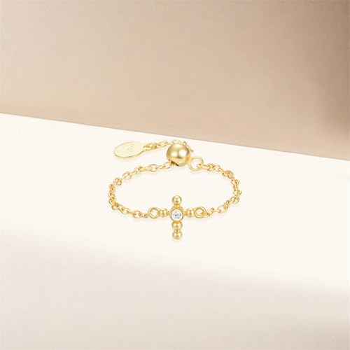 925 Sterling Silver Adjustable Link Chain Rings for Women Daughter | Dainty 14k Gold Plated Evil Eye/Cross/Flower Ring Sparkly Twist Rope with Bead Dangle Stackable Ring Jewelry Birthday Gifts - color: Style 8-Gold