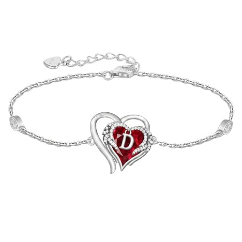Initial Bracelet for Women 925 Sterling Silver Heart Angel Wings Initial Bracelet Anniversary Birthday Mothers Day Jewelry for Mom Her Wife - color: D