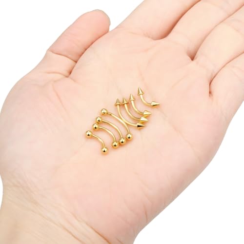 Eyebrow Piercing Jewelry Surgical Steel Vertical Labret Lip Jewelry Curved Barbell Tiny Eyebrow Ring Ear Rook Navel Small Belly Button Ring for Women Men 16g Bar Length 6mm/8mm/10mm/12mm - color: goldtone,ball+spike