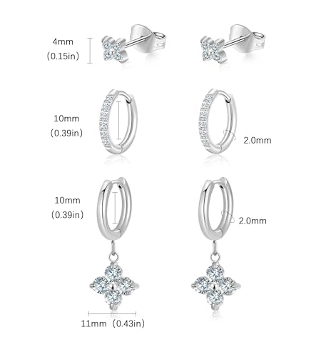 Surgical Steel Small Stud Clover Drop Dangle Huggie Hoop CZ Stud Earrings - color: B-Steel-Colored