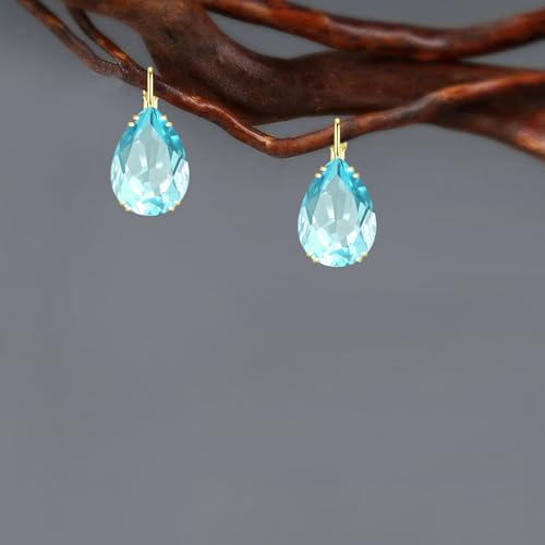 14K Gold Teardrop Crystal Leverback Earrings Sparkly Rhinestone Water Droplet Dangle Drop Earrings For Women - color: Blue