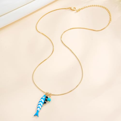 Fish Necklace for Women Gold Plated Fish Pendant Adjustable Necklace Bohemian Beach Jewelry - style: blue fish