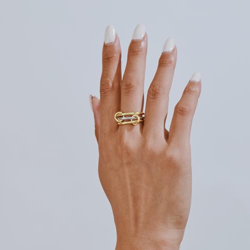 AllenCOCO 14K Gold Plated Stackable Rings, 3 Ring Set with CZ Cubic Zirconia, Gold & Silver Stacked, Interlocking Band for Women Statement
