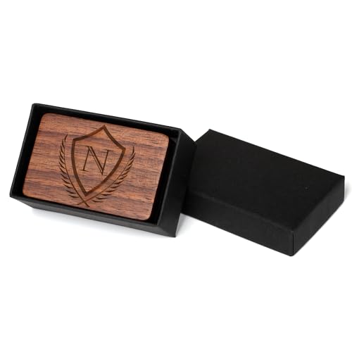 Mens Initial Cufflinks and Tie Clip A-Z Alphabet Letter Black Stainless Cuff Links Tie Bar with Engraved Walnut Wood Box Groom Groomsman Wedding Set - style: Classic-N