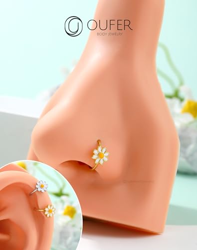 OUFER Nose Rings Hoops, 316L Surgical Steel Hinged Segment Nose Rings 20G, Silver Gold Nose Rings with Cute Daisy Design, Nose Nostril Piercing Jewelry for Women and Men - color: Gold