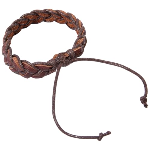 2PCS Braided Genuine Leather Punk Cuff Bracelets Adjustable Rustic Cowhide Wrap Wristband Woven Rope Wrist Band Bracelet for Men Women Daily Wear Costume Party Gift(Dark Brown) - color: Coconut Brown