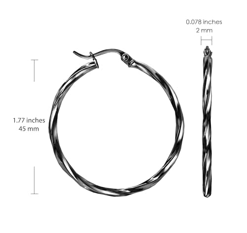 Hoops & Loops 925 Sterling Silver Twisted Hoop Earrings for Women - Hypoallergenic 14K Gold, Rose Gold, Black Flash Plated 2mm Thin Twist Design Round Click-Top Hoops, 15/20/25/30/35/40/50/60mm - color: Black-45mm(1.77 inch)