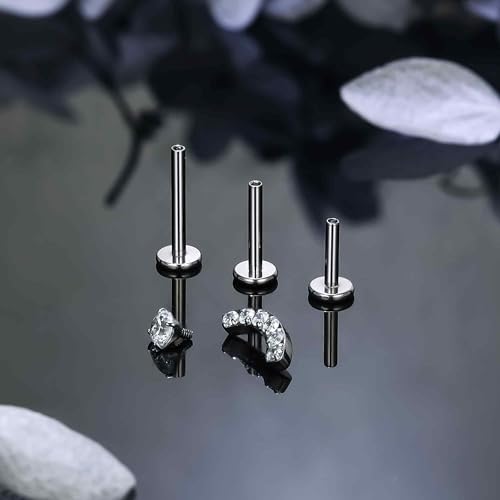 Titanium Flat Back Lip Rings Internally Threaded Earrings Studs Nose Rings 16G Cross Curve Stripe Tragus CZ Cartilage Lobe Rook Helix Conch Labret Medusa Piercing Jewelry for Women Men - style: Curve