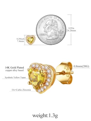 FindChic Birthstone Earrings for Women, Round/Heart/Square/Teardrop Earrings with 925 Sterling Silver Posts & Push Backs, Hypoallergenic Studs with Cubic Zirconia, 12 Months Jewelry with Gift Box - style: 11. November-Yellow Topaz (Heart-Gold)