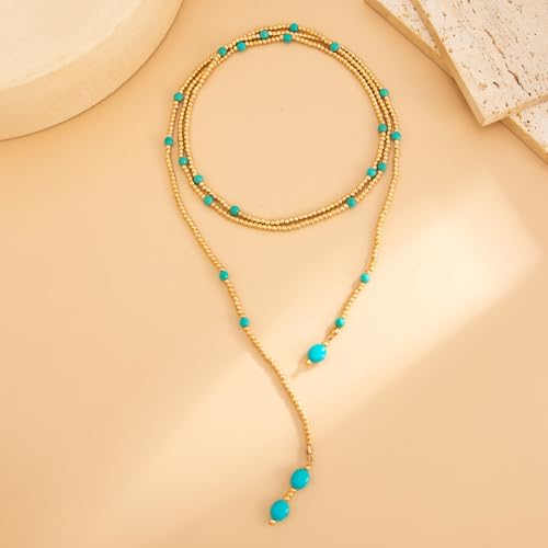 Lariat Long Beaded Necklaces for Women Trendy Y-Shaped Pendant Necklace with Turquoise Baroque Pearl Drops Layered Bohemian Beaded Necklace Fashion Statement Jewelry Gifts - color: Gold3