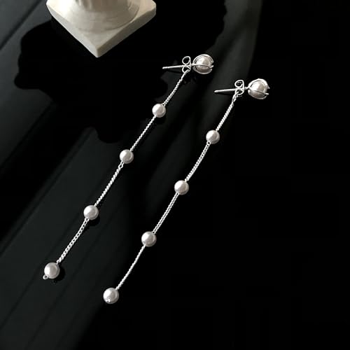 Pearl Earrings for Women 14k Gold/Silver Pearl Drop Earrings Long White Pearl Tassel Dangle Statement Earrings Bridal Wedding Dainty Prom Earrings Birthday Gifts Jewelry - color: Silver Caged Pearl Drop Earrings