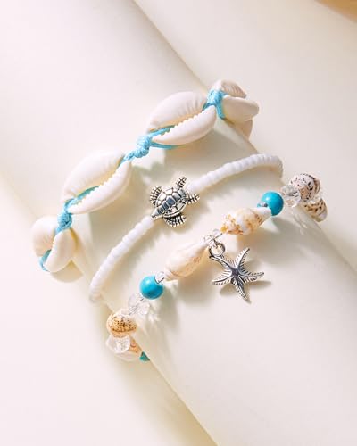 Shell Bracelets for Women Layered Seashell Starfish Bracelets Stackable Stretch Boho Beaded Bracelet Summer Beach Surfer Bracelet Seaside Beach Dress Outfits Accessories - color: A7:shell bracelets
