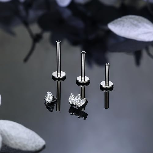 Titanium Flat Back Lip Rings Internally Threaded Earrings Studs Nose Rings 16G Opal CZ Tragus Cartilage Lobe Rook Helix Conch Labret Medusa Piercing Jewelry for Women Men W Piercing Taper Set - style: Three CZ