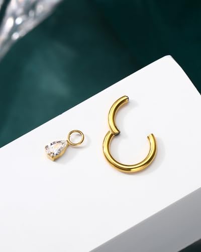 COCHARM Titanium Clicker Hoop Belly Button Ring, 8mm 14G Teardrop Belly Navel Ring, Dangling Hoop Belly Piercing Jewelry Nickel Free - color: Silver-Clear CZ