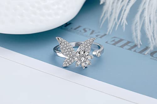 COLORFUL BLING Fidget Sunflower Evil Eye Daisy Spinner Stackable Rings Bee Butterfly Adjustable Open Rotatable CZ Cubic Zirconia Anti Stress for Women Wedding Jewelry - style: Silver Butterfly